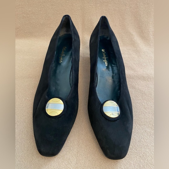 CLASSIC EL CORTE INGLES PUMPS SHOES ALMOND TOE BLOCK HEEL BLACK SUEDE 40 EU/9-D - Picture 2 of 12